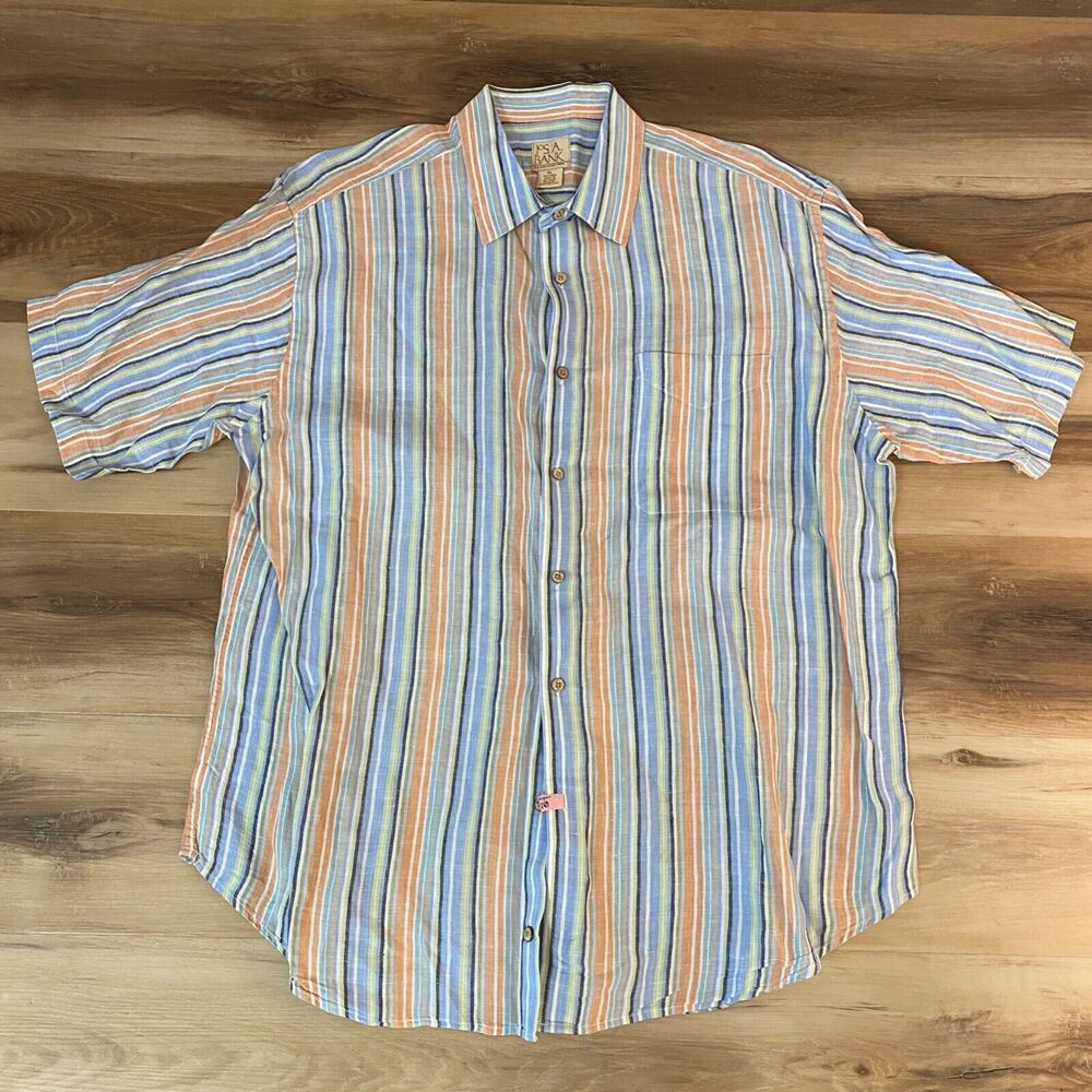 Jos A Bank Shirt Mens XL Linen Blue Orange Striped Short Sleeve Button Up